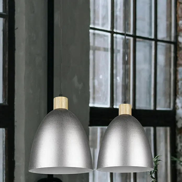 Reality Leuchten Pendelleuchte JAGGER - 40 W, Ø x H: 25 x 150 cm, Nickel-antik, E27 - Zwei moderne Pendelleuchten in Silber mit Holzdetails, die ein stilvolles Ambiente schaffen.\n