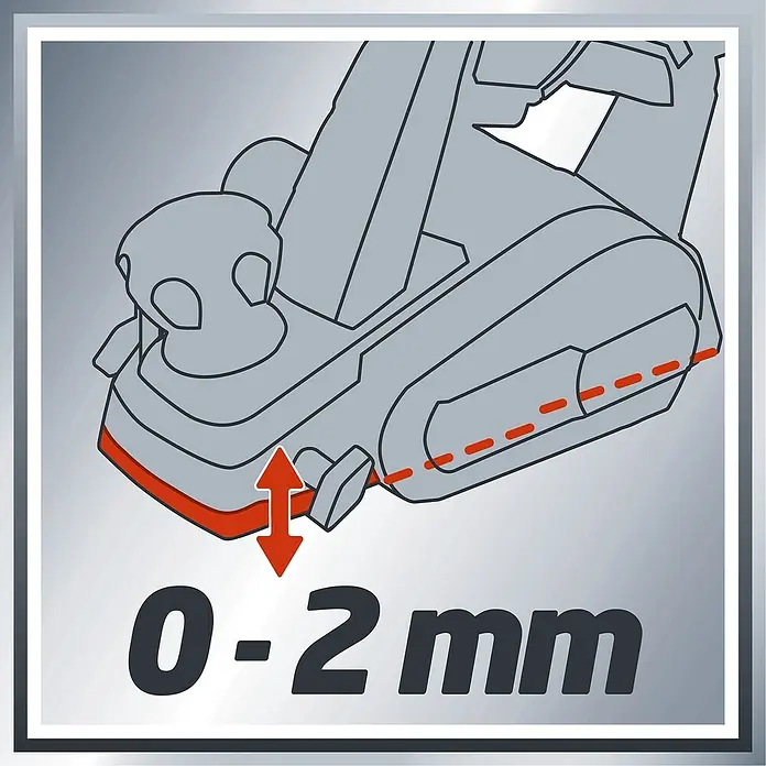 Einhell Elektrohobel TC-PL 750 - 750 W, Hobeltiefe: 0 mm - 2 mm, Leerlaufdrehzahl: 0 U/min - 17.000 U/min - Schematische Darstellung eines Hobels mit einer Schnitttiefe von 0-2 mm.