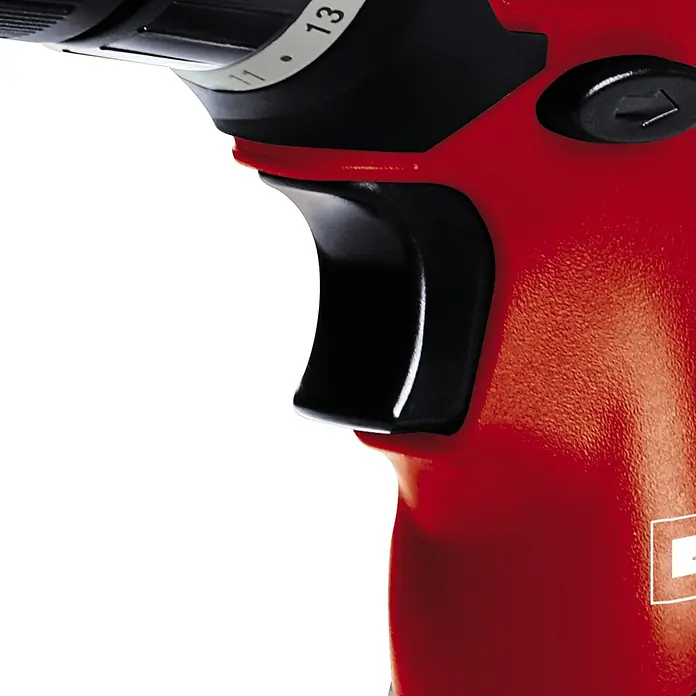 Einhell Akku-Bohrschrauber TH-CD 12-2 Li - 12 V, 1 Akku, 1,3 Ah - Nahaufnahme eines roten Akku-Bohrschraubers, der Details wie Griff und Einstellring hervorhebt. Ideal für Heimwerker- und Bauprojekte.