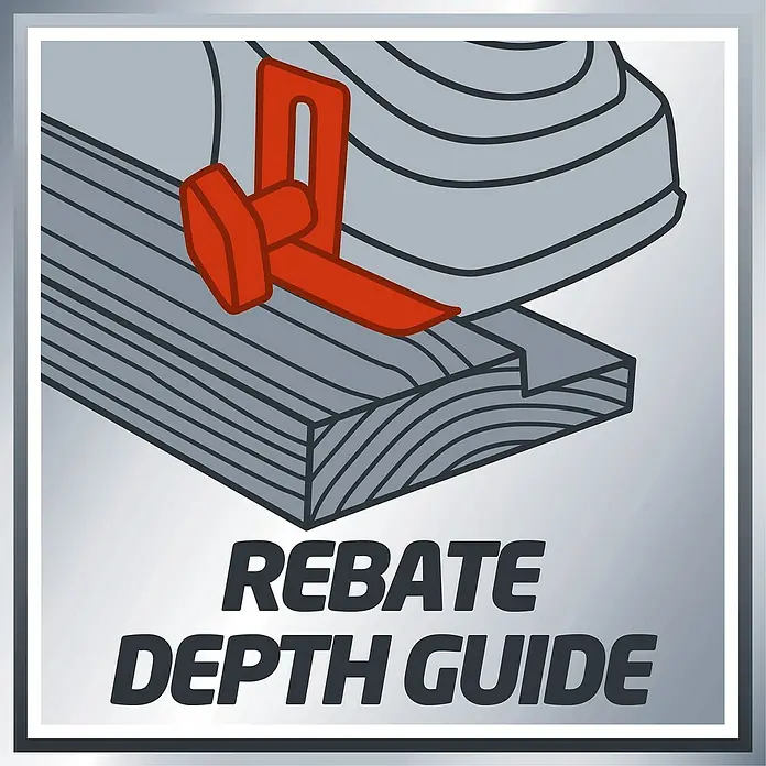 Einhell Elektrohobel TC-PL 750 - 750 W, Hobeltiefe: 0 mm - 2 mm, Leerlaufdrehzahl: 0 U/min - 17.000 U/min - Illustration einer Hobelmaschine mit Tiefenanschlag, die eine Nut in ein Holzstück schneidet. REBATE DEPTH GUIDE in großen Buchstaben.