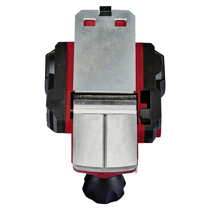Einhell Elektrohobel TC-PL 750 - 750 W, Hobeltiefe: 0 mm - 2 mm, Leerlaufdrehzahl: 0 U/min - 17.000 U/min - Nahaufnahme eines Einhell Elektrohobels mit rotem und schwarzem Gehäuse, silbernen Metallteilen und einer geriffelten Hobelwelle.