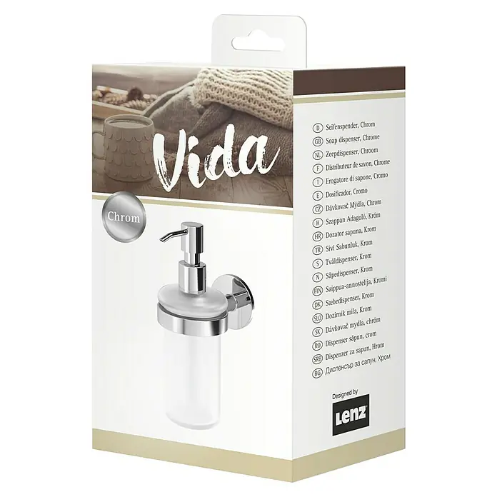 Lenz Seifenspender Vida - L x B x H: 13 x 7,35 x 18,9 cm, Metall, Chrom - Verpackung eines Vida Seifenspenders in Chrom-Optik mit verschiedenen Sprachübersetzungen.