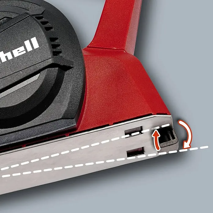 Einhell Elektrohobel TC-PL 750 - 750 W, Hobeltiefe: 0 mm - 2 mm, Leerlaufdrehzahl: 0 U/min - 17.000 U/min - Bild einer Hobelmaschine, die die Funktion der Spanabnahme durch das Anheben und Absenken der vorderen Platte demonstriert.