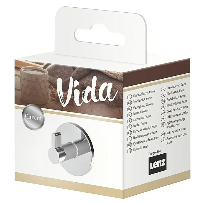 Lenz Handtuchhaken VIda - Durchmesser: 5,5 cm, Chrom, Glänzend - Bild einer Vida Handtuchhaken-Verpackung, Chrom-Ausführung, mit Produktinformationen und Herstellerlogo.