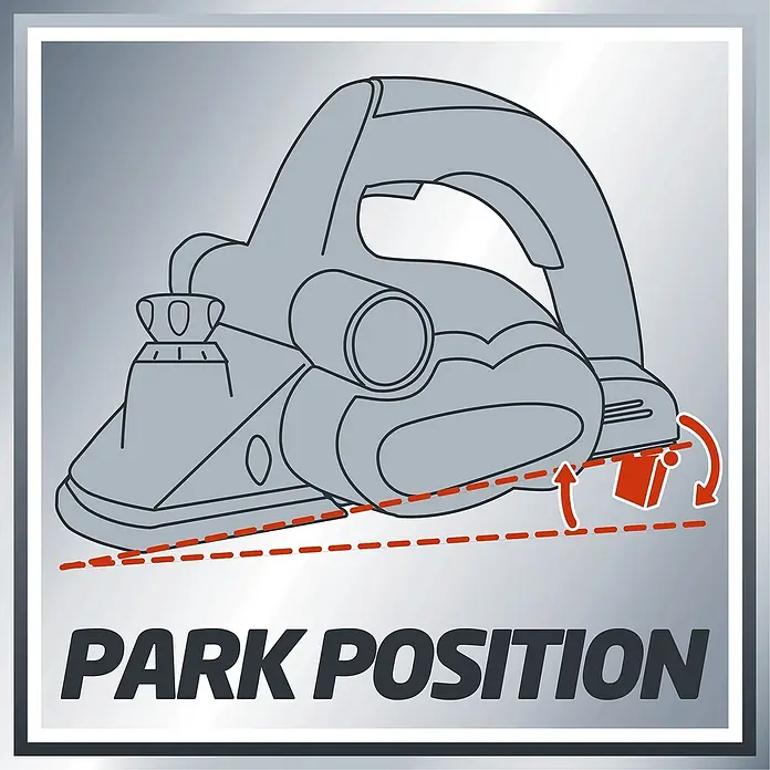 Einhell Elektrohobel TC-PL 750 - 750 W, Hobeltiefe: 0 mm - 2 mm, Leerlaufdrehzahl: 0 U/min - 17.000 U/min - Abbildung eines Elektrohobels in Parkposition mit roter Markierung für die Klingensicherung.