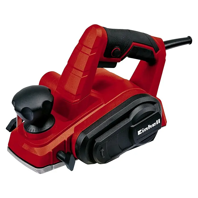 Einhell Elektrohobel TC-PL 750 - 750 W, Hobeltiefe: 0 mm - 2 mm, Leerlaufdrehzahl: 0 U/min - 17.000 U/min - Das Bild zeigt einen roten Einhell Elektrohobel vor einem schwarzen Hintergrund.