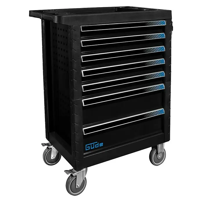 Güde Werkstattwagen GW Black Line II - 165 -tlg., B x T x H: 770 x 460 x 980 mm, Anzahl Schubladen: 7 Stk. - Schwarzer Güde Werkzeugwagen mit sieben Schubladen und Rollen für den einfachen Transport in der Werkstatt.