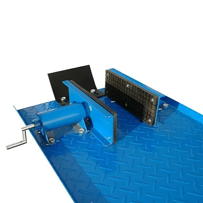 Güde Montagerampe GMR 360 - Höhenverstellung: 18 cm - 82 cm - Blaues Reifenwulstsprenger-Werkzeug mit Handkurbelmechanismus und schwarzen gummierten Klemmbacken auf einer strukturierten Metallbasis.