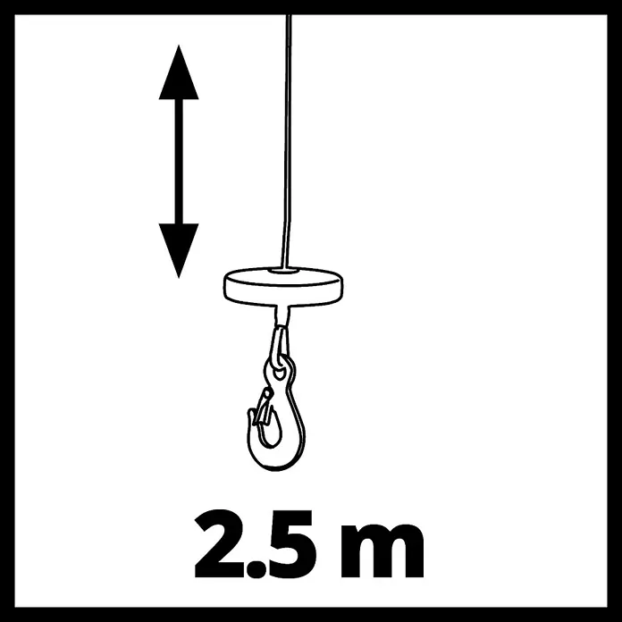 Einhell Flaschenzug - Tragkraft: 1.000 kg, Sicherheitsbügel - Abbildung eines 2,5 m langen Flaschenzugs mit Haken und Seil.