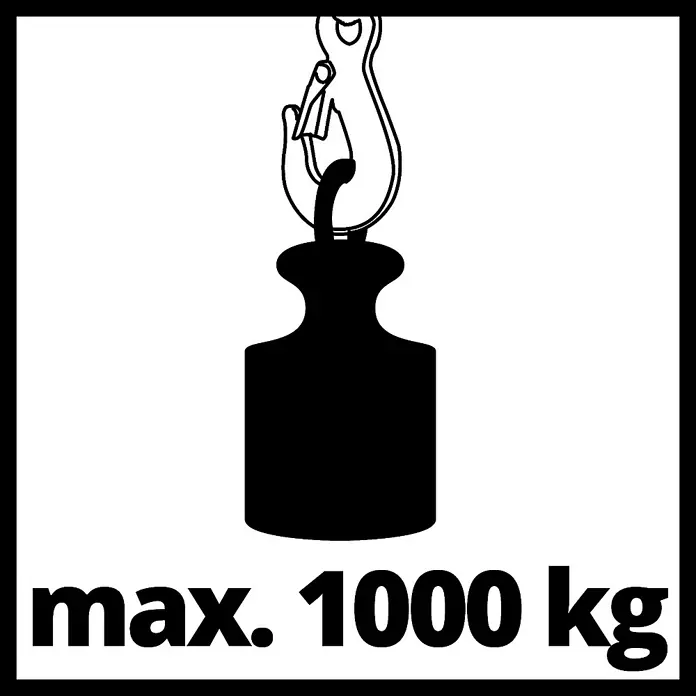 Einhell Flaschenzug - Tragkraft: 1.000 kg, Sicherheitsbügel - Abbildung einer Hängewaage mit der Aufschrift "max. 1000 kg", die das maximale Gewicht angibt, das sie tragen kann.