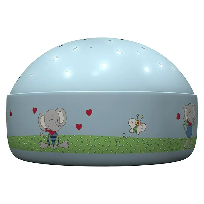 Niermann LED-Nachtlicht LOLO LOMBARDO - RGB, Batteriebetrieben, Ø x H: 12 x 7,5 cm - Eine niedliche, hellblaue Kinderzimmerlampe mit Elefanten-, Schmetterlings- und Herzmotiven, die ein sanftes Sternenlicht verbreitet.
