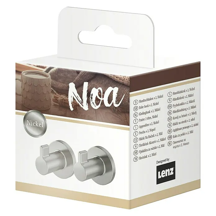 Lenz Handtuchhaken Noa - 2 Stk., Nickel, Matt - Produktverpackung mit zwei Noa Handtuchhaken aus Nickel.