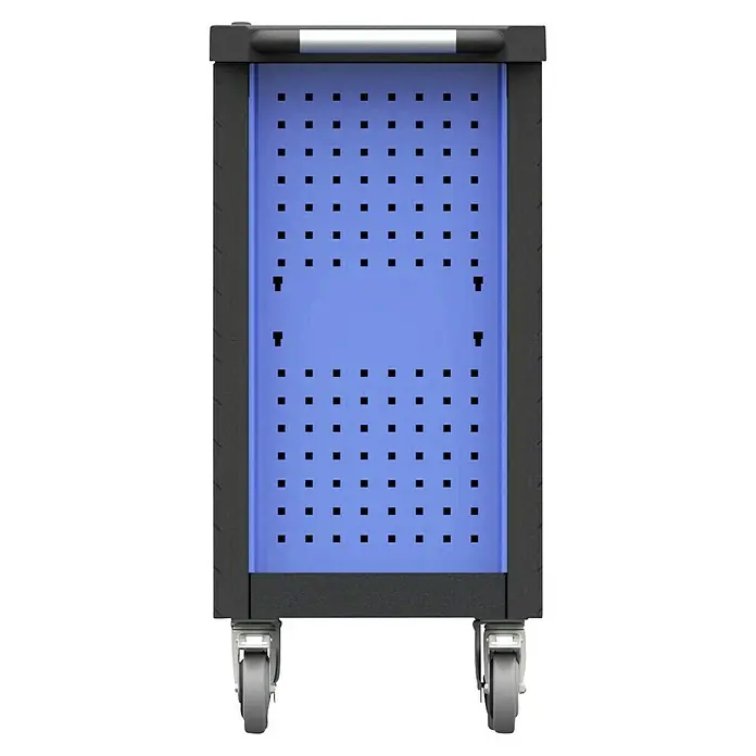 Güde Werkstattwagen Premium GWPV 7/1 - B x T x H: 460 x 460 x 970 mm, Ohne Werkzeug, Anzahl Schubladen: 7 Stk., Anzahl Fächer: 1 Stk. - Abbildung eines blauen Werkzeugwagens mit Rollen und einem schwarzen Rahmen. Ideal für die Werkstatt oder Garage zur Aufbewahrung von Werkzeugen.