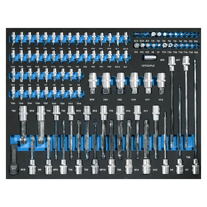 Güde Werkstattwagen GW Black Line - 226 -tlg., B x T x H: 793 x 460 x 980 mm, Anzahl Schubladen: 7 Stk. - Ordnung im Werkzeug: Ein Sortiment an Steckschlüsseln und Bits, übersichtlich in einem schwarzen Kasten mit blauen Halterungen präsentiert.