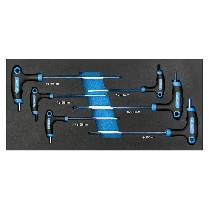 Güde Werkstattwagen GW Black Line - 226 -tlg., B x T x H: 793 x 460 x 980 mm, Anzahl Schubladen: 7 Stk. - Schwarzes und blaues T-Griff-Schlüssel-Set in einer Schublade, das Werkzeuggrößen von 2x100mm bis 6x150mm enthält.