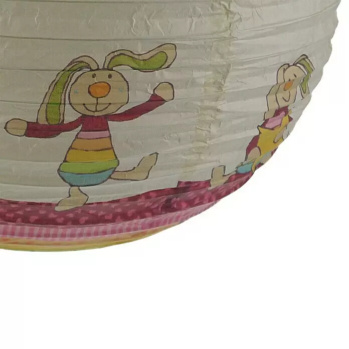 Niermann Pendelleuchte rund - Mehrfarbig - Weiße Papierlaterne mit farbigen Cartoon-Kaninchen-Illustrationen, ideal für Kinderzimmer.