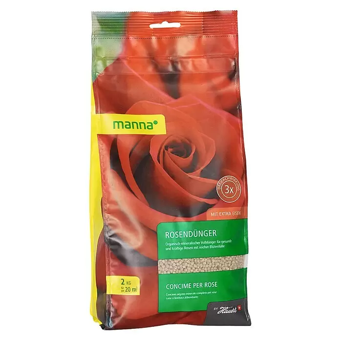 Manna Rosendünger - 2 kg, Max. Anwendungsfläche: 20 m² - Rote Packung manna Rosendünger von Hauert mit Rosenbild, gelben Seiten und grünen Etiketten. 2kg für 20m².