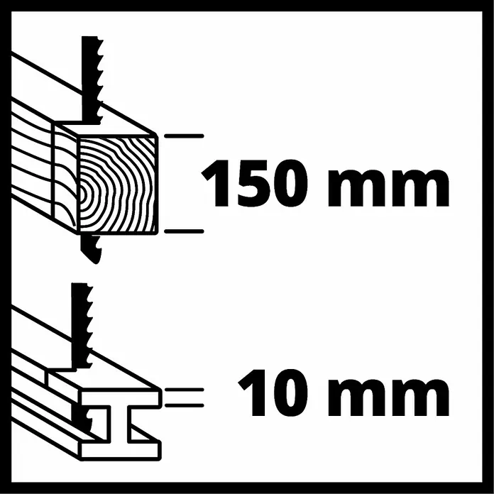 Einhell Universalsäge TE-AP 750 E - 750 W, Leerlaufhubzahl: 0 /min - 2.800 /min - Illustration der maximalen Schnittkapazität: Holz bis 150 mm, Metall bis 10 mm.