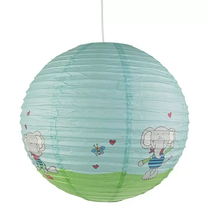 Niermann Lampenschirm - L x B x H: 40 x 40 x 40 cm - Hellblaue Papierlaterne mit Faltenstruktur, dekoriert mit Cartoon-Elefanten, einem Schmetterling und Herzen, mit grünem Sockel.