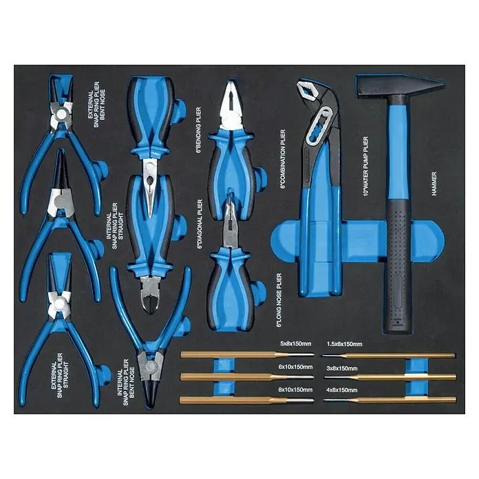 Güde Werkstattwagen GW Black Line - 226 -tlg., B x T x H: 793 x 460 x 980 mm, Anzahl Schubladen: 7 Stk. - Werkzeugsatz mit Zangen, Hammer und Stiften in einer blauen Schaumstoffeinlage für eine Werkstatt, inklusive Beschriftungen.
