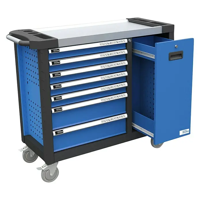 Güde Werkstattwagen Premium GWPV 7/1 - B x T x H: 460 x 460 x 970 mm, Ohne Werkzeug, Anzahl Schubladen: 7 Stk., Anzahl Fächer: 1 Stk. - Werkstattwagen von Güde mit sieben Schubladen und einer Tür, ideal für die Werkzeugaufbewahrung und mobile Arbeiten.