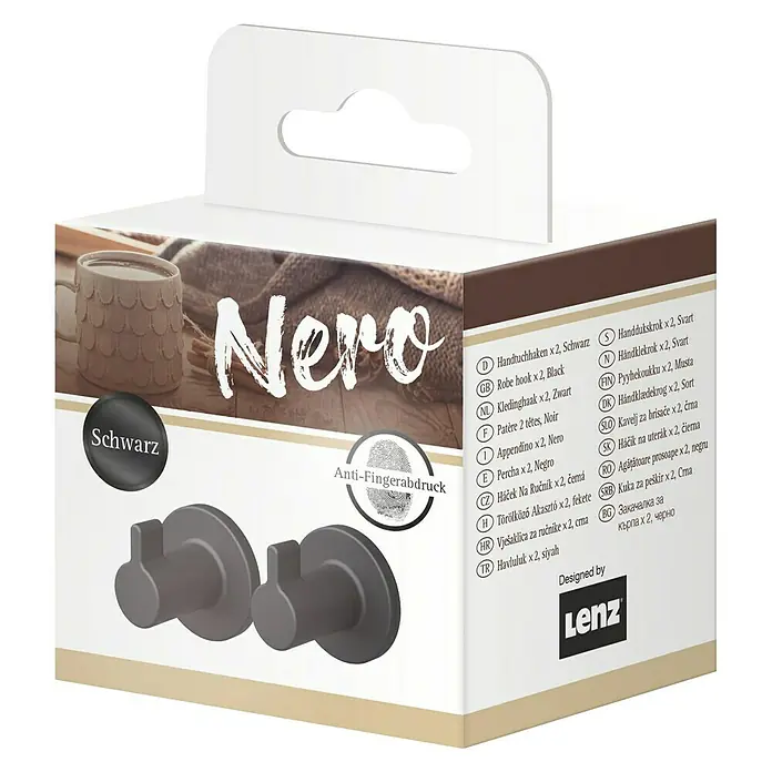 Lenz Handtuchhaken Nero - Durchmesser: 3,5 cm, Schwarz, Matt - Nero Handtuchhaken 2er-Set in Schwarz. Die Haken sind stilvoll, modern und praktisch für jedes Badezimmer. Anti-Fingerabdruck-Beschichtung.