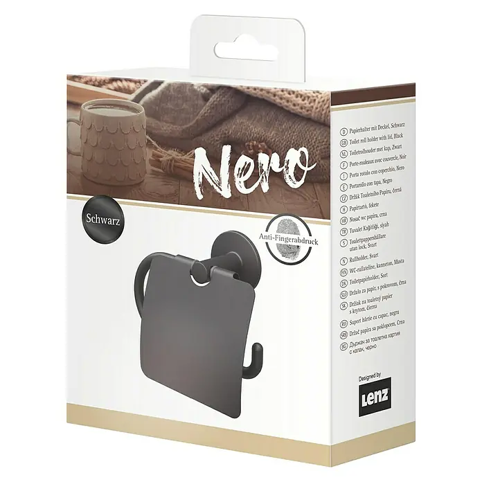 Lenz Toilettenpapierhalter Nero - Mit Deckel, Schwarz, Matt - Verpackung einer schwarzen Toilettenpapierhalterung mit Deckel, die für ein modernes Badezimmer entworfen wurde.
