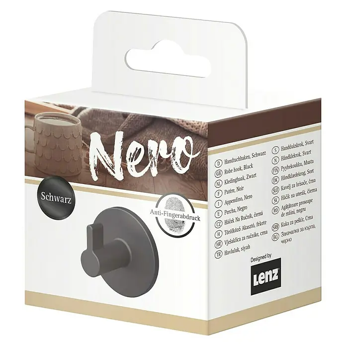 Lenz Handtuchhaken Nero - Durchmesser: 5,5 cm, Schwarz, Matt - Abbildung einer Nero Handtuchhaken-Verpackung, Farbe Schwarz, mit Anti-Fingerabdruck-Technologie, ideal für Bad und Küche.