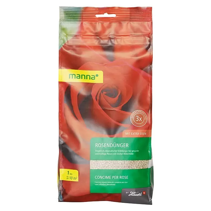 Manna Rosendünger - 1 kg, Max. Anwendungsfläche: 10 m² - Plastikbeutel Manna Rosendünger mit rotem Rosendesign, 1 kg für 10 m², 3x Wirkung und extra Eisen.