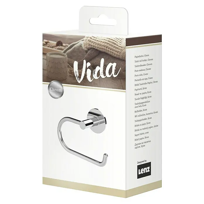 Lenz Toilettenpapierhalter Vida - Ohne Deckel, Chrom, Glänzend - Bild einer VIDA Toilettenpapierhalterung in Chromverpackung, für ein stilvolles Badezimmerambiente.