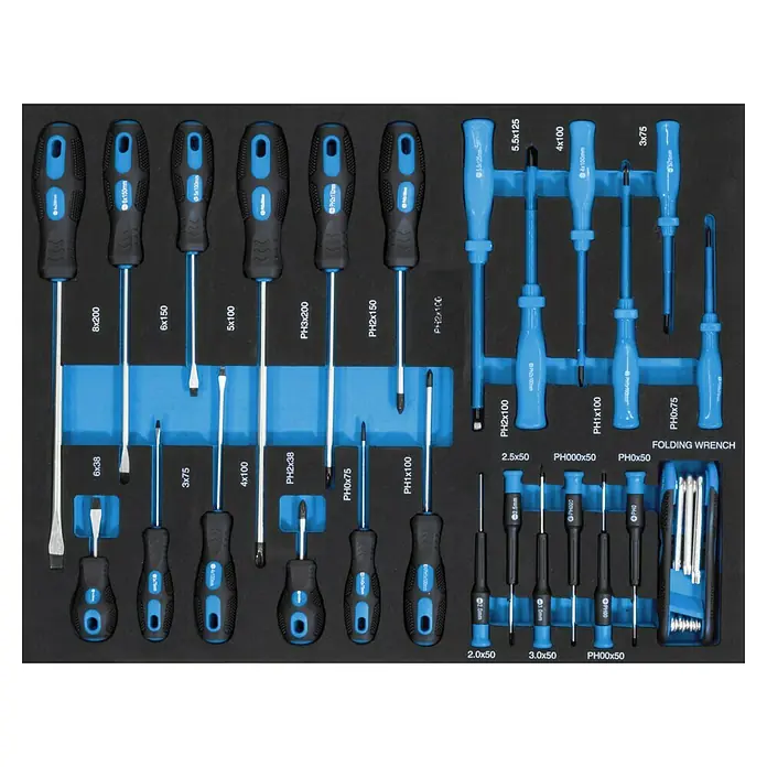 Güde Werkstattwagen GW Black Line - 226 -tlg., B x T x H: 793 x 460 x 980 mm, Anzahl Schubladen: 7 Stk. - Sortiment von Schraubendrehern in verschiedenen Größen und Ausführungen, ordentlich in einem Werkzeugkasten angeordnet.