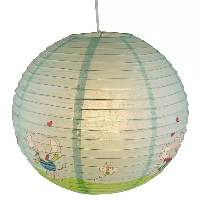 Niermann Lampenschirm - L x B x H: 40 x 40 x 40 cm - Runde Papierlaterne mit hellblau/grünen Streifen, Zeichentrick-Elefanten, einem Schmetterling und roten Herzen, an einer weißen Schnur hängend.