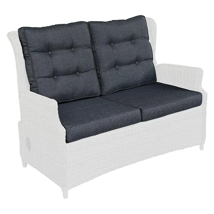 Sunfun Ersatzkissen Set Pauline - Passend für: SUNFUN Pauline Geflechtsofa 2 Personen - Ein stilvolles, weißes Gartensofa mit grauen Polstern und Knopfdetails, perfekt für entspannte Stunden im Freien.