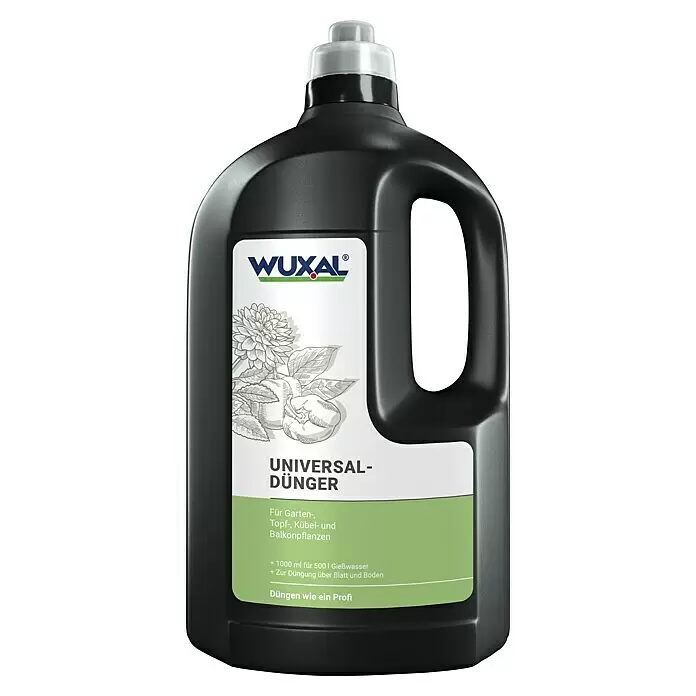 Wuxal Universaldünger - 2 l - Schwarze WUXAL Universal-Düngerflasche mit weißem und grünem Etikett, geeignet für diverse Pflanzen.