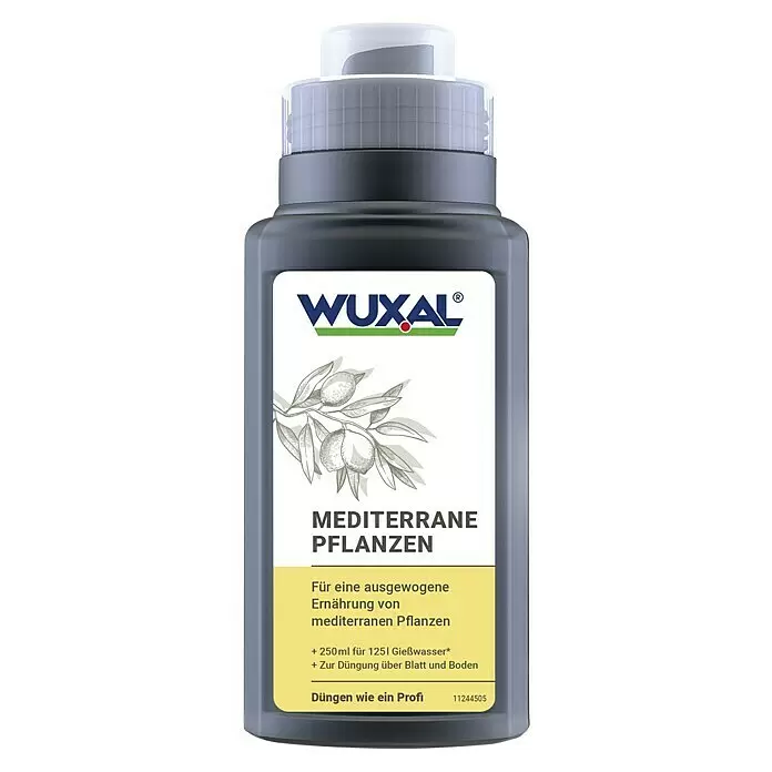Wuxal Universaldünger Mediterrane Pflanzen - 0,25 l - Dunkelgraue WUXAL Düngerflasche für mediterrane Pflanzen mit weiß-gelbem Etikett und Olivenzweig-Illustration.