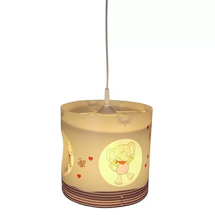 Niermann Pendelleuchte - L x B x H: 25 x 25 x 27 cm, Mehrfarbig, E27 - Zylindrische Kinder-Hängelampe mit Elefanten, Schmetterlingen und Herzen, die ein warmes Licht abgibt.