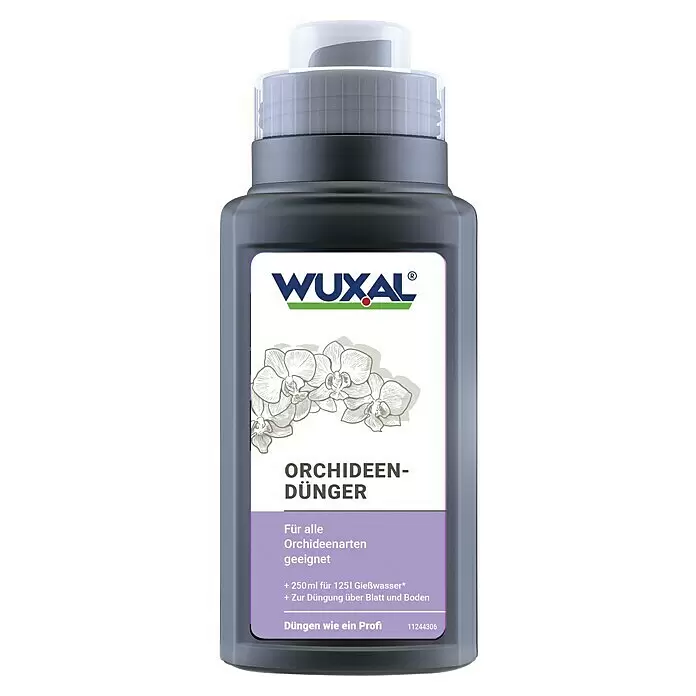 Wuxal Orchideendünger - 0,25 l - Dunkelgraue Flasche WUXAL Orchideendünger mit lila-weißem Etikett, flüssig für alle Orchideenarten.