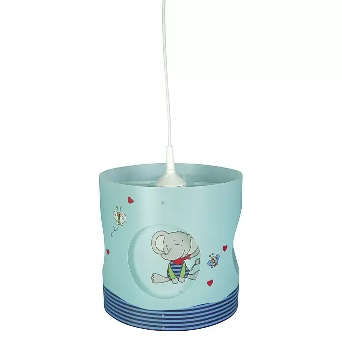 Niermann Pendelleuchte - L x B x H: 25 x 25 x 27 cm, Mehrfarbig, E27 - Hellblaue zylindrische Kinder-Hängeleuchte mit Elefanten- und Schmetterlingsdesign, an weißem Kabel hängend.