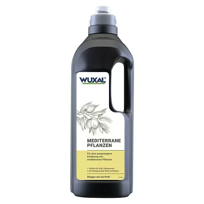 Wuxal Universaldünger Mediterrane Pflanzen - 1 l - Dunkelgraue WUXAL Flasche für mediterrane Pflanzen mit weißem Etikett, Olivenillustration und transparenter Kappe, 1000ml.