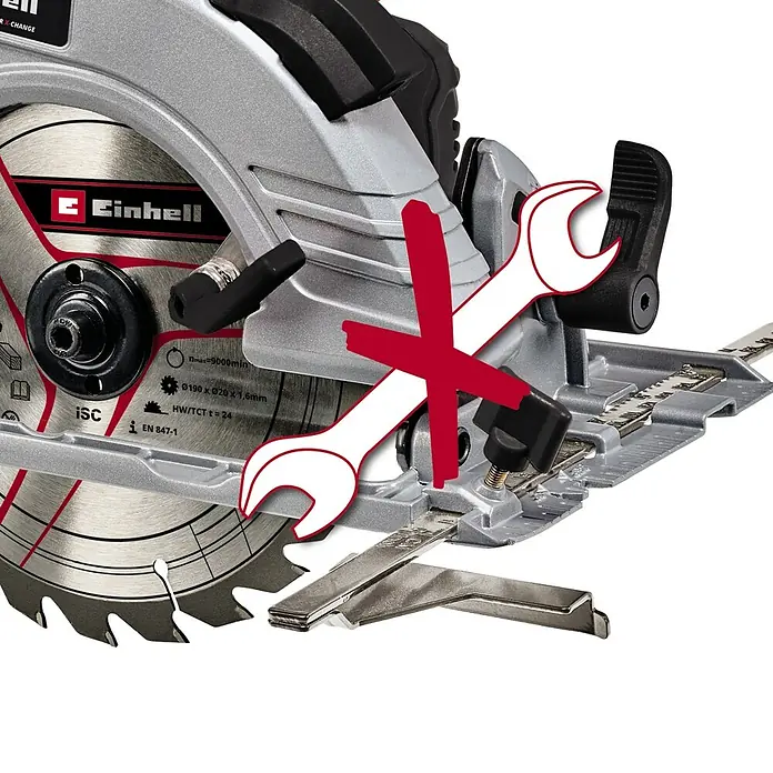 Einhell Professional PXC 18V Sierra circular de batería TPCS18/190 - 18 V, Sin batería, Número de revoluciones de marcha en vacío: 0 r.p.m. - 3.800 r.p.m. - Primer plano de una sierra circular Einhell, destacando los detalles del diseño de la hoja y las características de control.