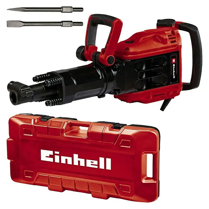 Einhell Professional Abbruchhammer TP-DH 50 - 1.700 W, 50 J, SDS-Hex-Aufnahme - Ein roter Einhell Abbruchhammer mit Zubehör und einem roten Koffer, ideal für Abbrucharbeiten.