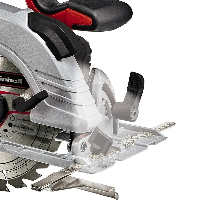 Einhell Professional PXC 18V Sierra circular de batería TPCS18/190 - 18 V, Sin batería, Número de revoluciones de marcha en vacío: 0 r.p.m. - 3.800 r.p.m. - Detalle de la sierra circular Einhell donde se ven la hoja, el mango y los controles.