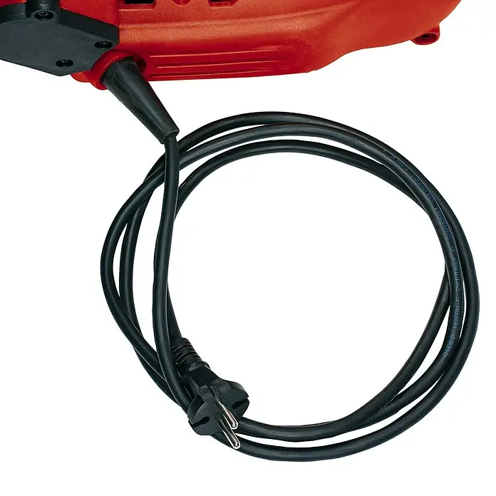 Einhell Professional Abbruchhammer TE-DH 50 - 1.700 W, 50 J, SDS-Hex-Aufnahme - Das Bild zeigt ein Elektrowerkzeug mit einem schwarzen Stromkabel, das in einer Schlaufe liegt und mit einem Eurostecker versehen ist.