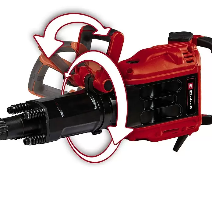 Einhell Professional Abbruchhammer TE-DH 50 - 1.700 W, 50 J, SDS-Hex-Aufnahme - Rot-schwarzer Abbruchhammer mit verstellbarem Griff, durch weiße Dreh-Pfeile gekennzeichnet.