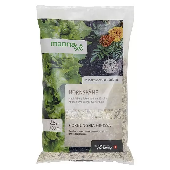 Manna Hornprodukt - 2,5 kg, Max. Anwendungsfläche: 30 m² - Beutel MannaBio Hornspäne Dünger (2,5 kg), ein natürlicher Stickstoffdünger für Pflanzen, in transparenter Verpackung.