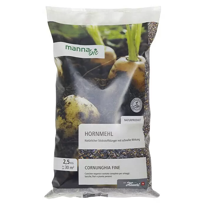 Manna Hornprodukt - 2,5 kg, Max. Anwendungsfläche: 30 m² - Transparenter mannabio Hornmehl-Beutel (2,5 kg) mit natürlichem Stickstoffdünger für Gemüse und Pflanzen, von Hauert.