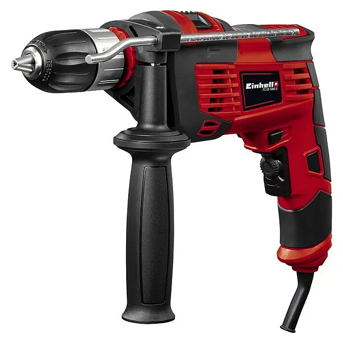 Einhell Taladro percutor TC-ID 1000 E Kit - 1.010 W, Portabrocas de sujeción rápida - Taladro percutor Einhell rojo y negro con empuñadura auxiliar, tope de profundidad y portabrocas automático.
