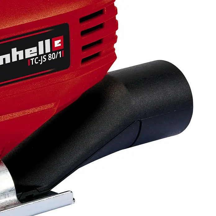 Einhell Elektro-Stichsäge TC-JS 80/1 - 1.000 /min - 3.000 /min, 80 mm - Nahaufnahme einer Einhell TC-JS 80/1 Stichsäge mit rotem Gehäuse und schwarzem Staubabsaugungsanschluss.