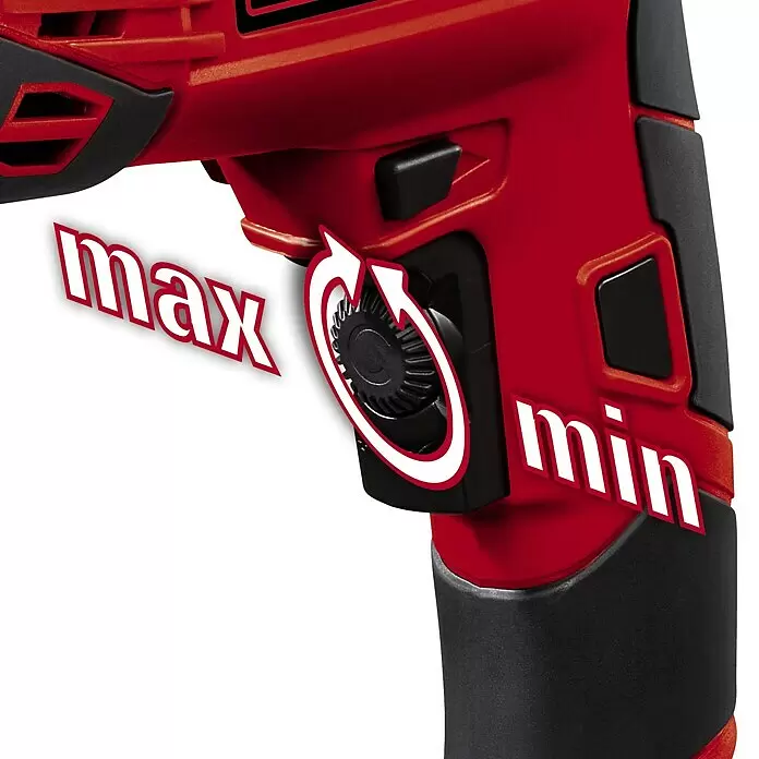 Einhell Taladro percutor TC-ID 1000 E Kit - 1.010 W, Portabrocas de sujeción rápida - Herramienta eléctrica roja y negra con dial de control de velocidad, ajuste de min a max con flechas blancas.