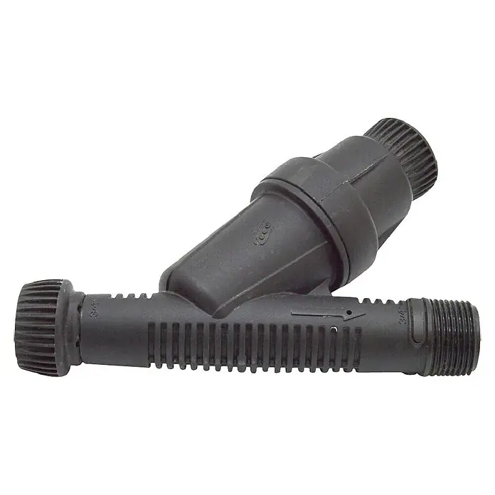 Filtro de presión Y - ¾″ - Un filtro de jardín negro, ideal para sistemas de riego. Protege contra la obstrucción, asegurando agua limpia para un jardín sano.